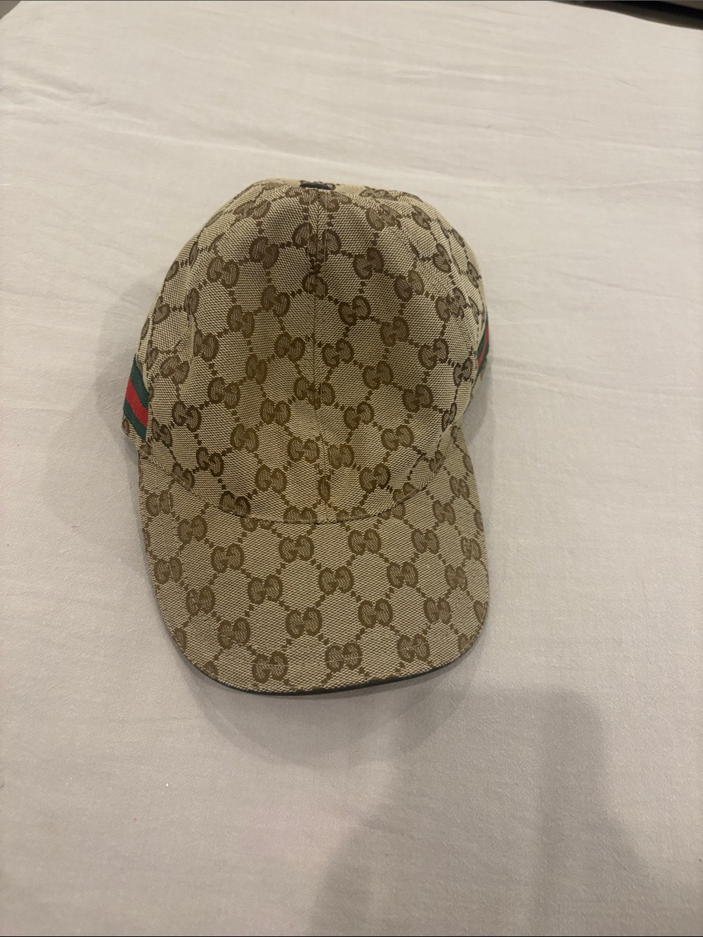 Gucci Beige GG Monogram Baseball Cap with Green-Red Web